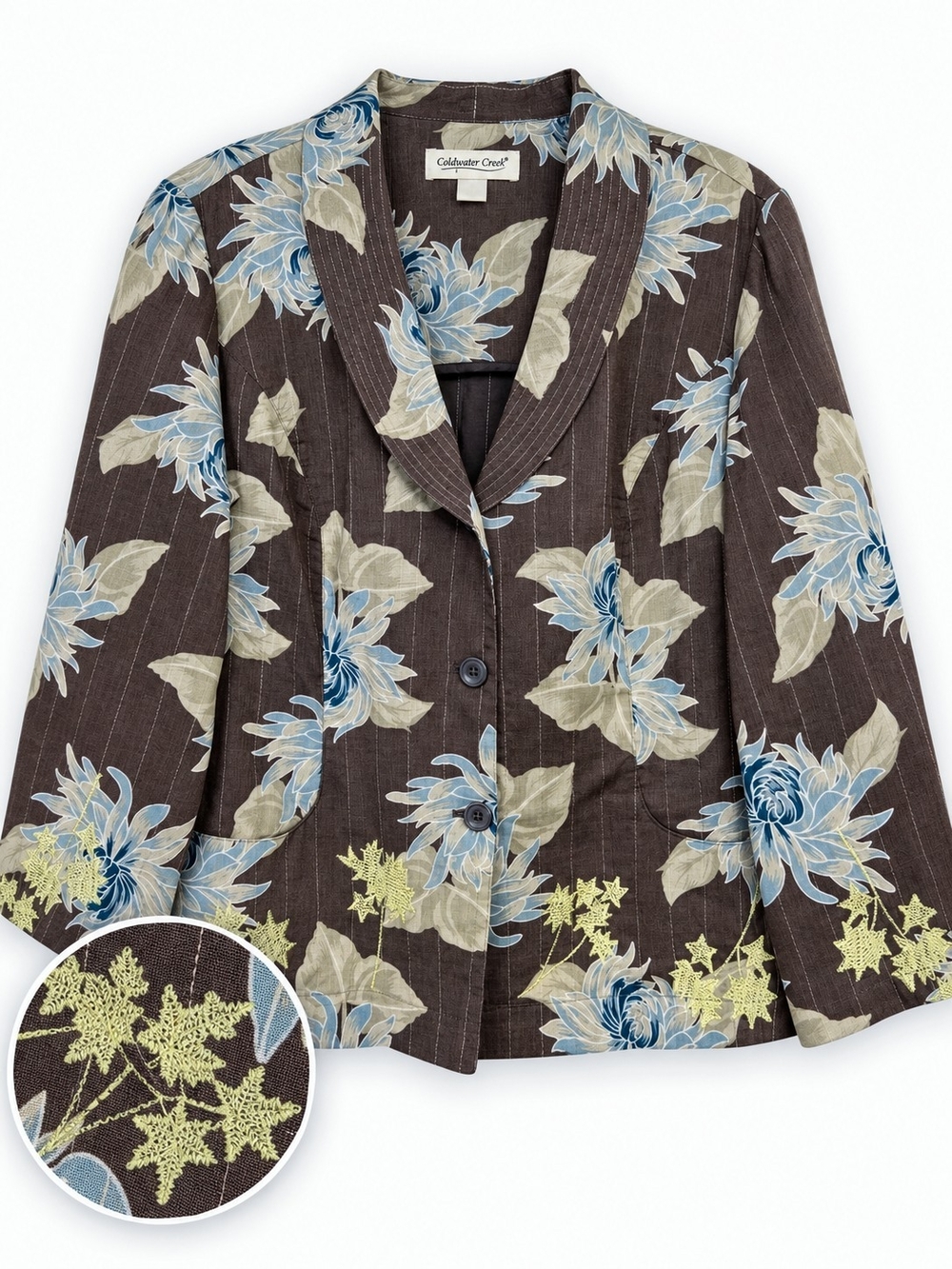 Coldwater Creek Linen Cotton Floral Embroidered Blazer Jacket Women’s Large